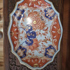 Hand painted plate blue, orange and gold